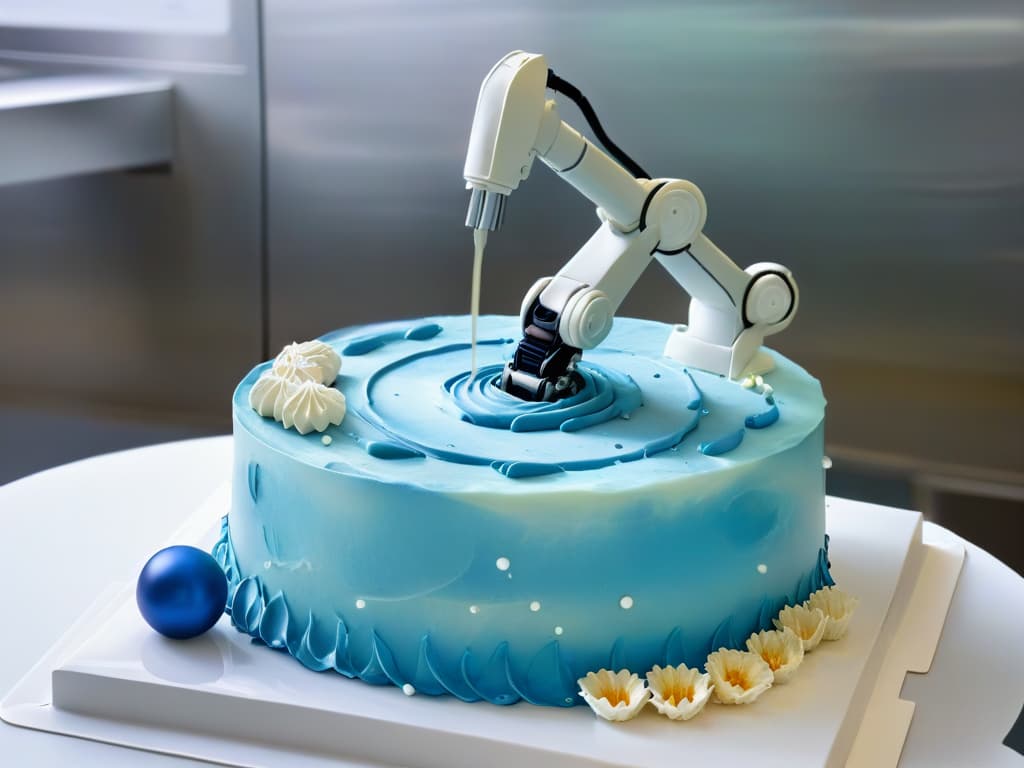  An ultradetailed 8K image of a sleek, futuristic robotic arm delicately piping intricate designs on a beautifully decorated cake in a modern bakery setting. The robotic arm is precisioncontrolled, showcasing advanced technology seamlessly integrated into the art of pastry decoration. The background is softly blurred to emphasize the robotic arm and the exquisitely detailed cake, highlighting the seamless harmony between robotics and traditional pastry craftsmanship. hyperrealistic, full body, detailed clothing, highly detailed, cinematic lighting, stunningly beautiful, intricate, sharp focus, f/1. 8, 85mm, (centered image composition), (professionally color graded), ((bright soft diffused light)), volumetric fog, trending on instagram, trending on tumblr, HDR 4K, 8K