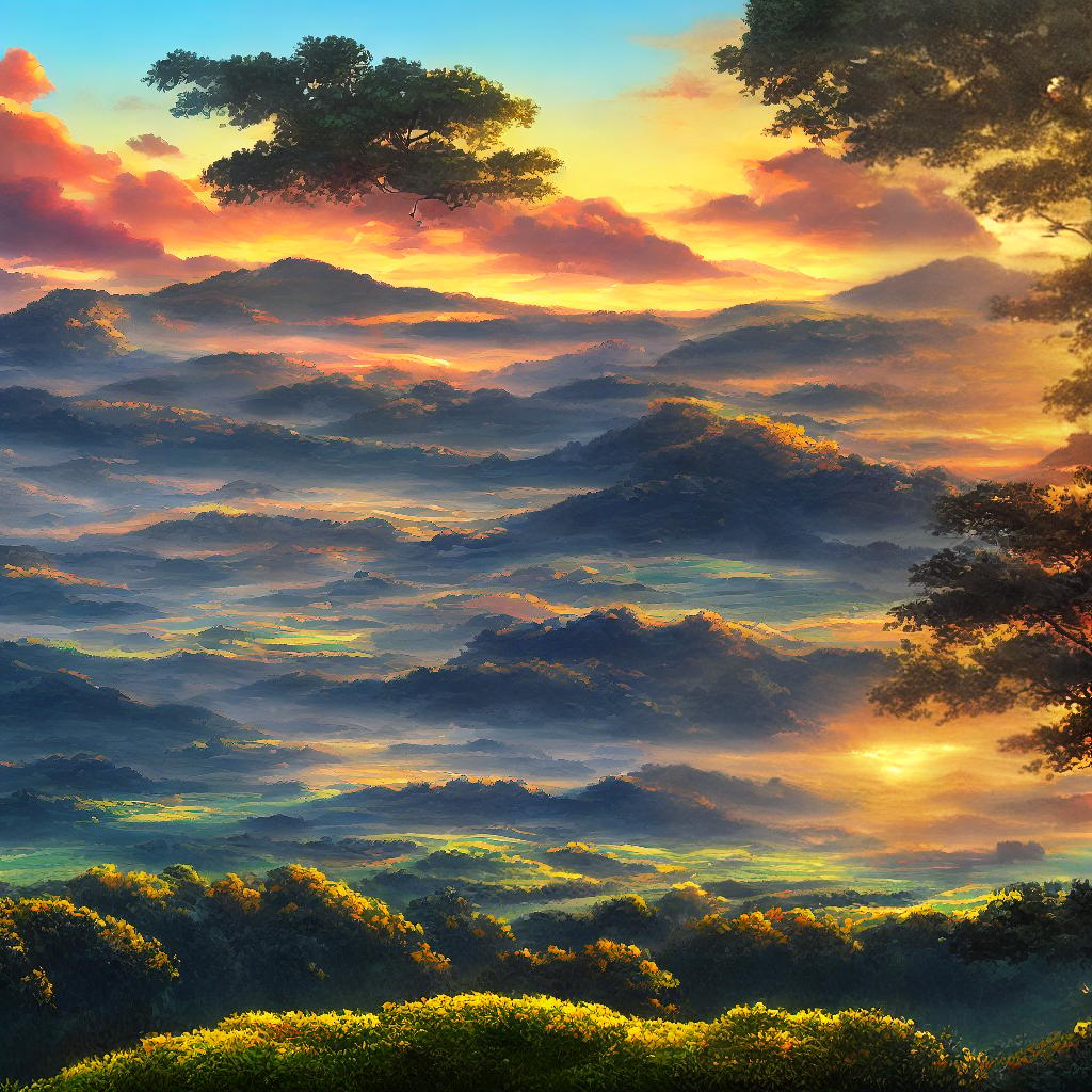  A masterpiece of the highest quality, with an ultra-detailed and high-detailed 8k resolution. The main subject of the scene is a stunning landscape painting in the style of Bob Ross's on oil painting method. The painting depicts a serene nature scene with rolling hills, a meandering river, and a colorful sunset. In the foreground, there is an audio visualizer pulsating to the rhythm of LoFi beats, adding a dynamic element to the artwork. The colors are vibrant and the lighting captures the warm glow of the setting sun. This artwork would be perfect for a YouTube channel that combines LoFi beats, music, and nature paintings. (Medium: Oil on canvas, Style: Wet on, Artist: Bob Ross, Website: www.bobrossart.com, Additional Details:  hyperrealistic, full body, detailed clothing, highly detailed, cinematic lighting, stunningly beautiful, intricate, sharp focus, f/1. 8, 85mm, (centered image composition), (professionally color graded), ((bright soft diffused light)), volumetric fog, trending on instagram, trending on tumblr, HDR 4K, 8K