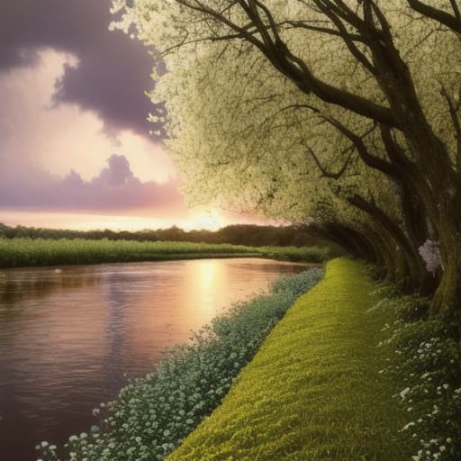  soft light. sunset. spring. flowers. the green grove. a stormy river. leaves. black