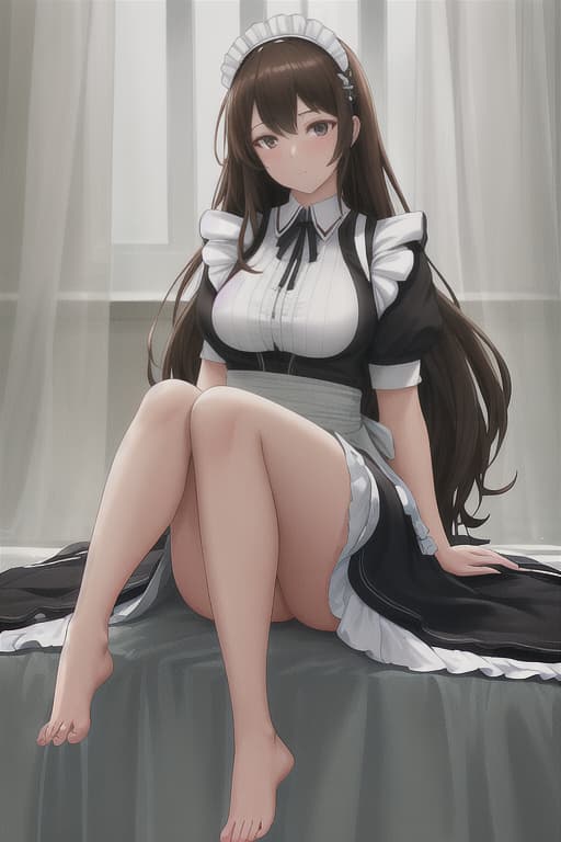  (score 9,score 8 up,score 7 up,),1girl,solo,maid,maid headdress,looking at viewer,apron,brown hair,indoors,black hair,bare foot,feet focus,two feet hyperrealistic, full body, detailed clothing, highly detailed, cinematic lighting, stunningly beautiful, intricate, sharp focus, f/1. 8, 85mm, (centered image composition), (professionally color graded), ((bright soft diffused light)), volumetric fog, trending on instagram, trending on tumblr, HDR 4K, 8K