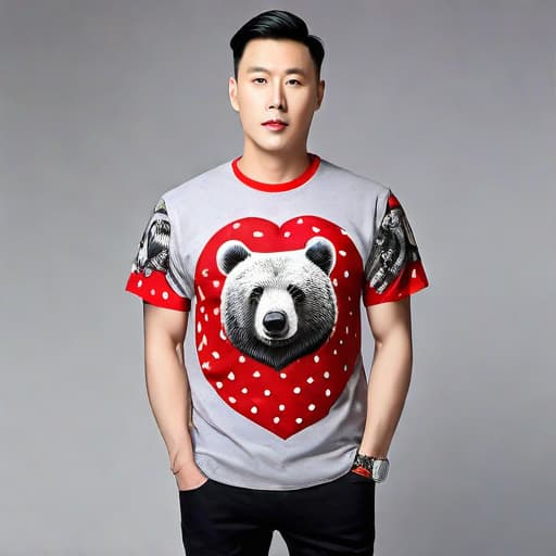  (bestquality),[masterpiecel,Professional,ultra-fine painting, ((T-shirt,Heart, pattern,animal print,floral print, food print, short sleeves,strawberry print,little bear print,litle bear pattern)), // looking at viewer,(simple background,grey background),//, <lora:xiaoxiong:0.6><lora:ChinaDollLikeness_v10:0.4> hyperrealistic, full body, detailed clothing, highly detailed, cinematic lighting, stunningly beautiful, intricate, sharp focus, f/1. 8, 85mm, (centered image composition), (professionally color graded), ((bright soft diffused light)), volumetric fog, trending on instagram, trending on tumblr, HDR 4K, 8K