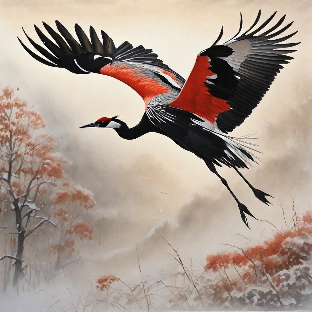  masterpiece, best quality,Draw a picture of a red-crowned crane flying towards a deer