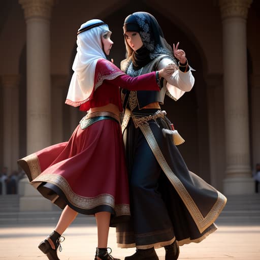  two Arabic girls dancing with black horse , hyperrealistic, high quality, highly detailed, perfect lighting, intricate, sharp focus, f/1. 8, 85mm, (centered image composition), (professionally color graded), ((bright soft diffused light)), trending on instagram, HDR 4K, 8K