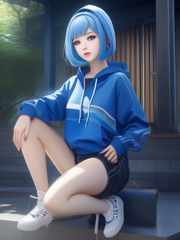  BLUE SHORT HAIR BLUE HOODIE BLUE EYES BLUE SHORT PANTS YOUNG JAPANESE WOMEN , ((masterpiece)), best quality, very detailed, high resolution, sharp, sharp image, extremely detailed, 4k, 8k