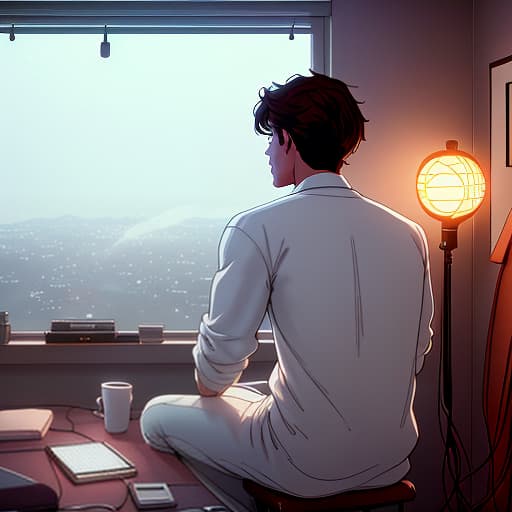  a fair guy with brown hair sits late and writes a song at home, in a room, there is a microphone and a laptop on the table, a view from the back, a neon lamp on the right on the table hyperrealistic, full body, detailed clothing, highly detailed, cinematic lighting, stunningly beautiful, intricate, sharp focus, f/1. 8, 85mm, (centered image composition), (professionally color graded), ((bright soft diffused light)), volumetric fog, trending on instagram, trending on tumblr, HDR 4K, 8K