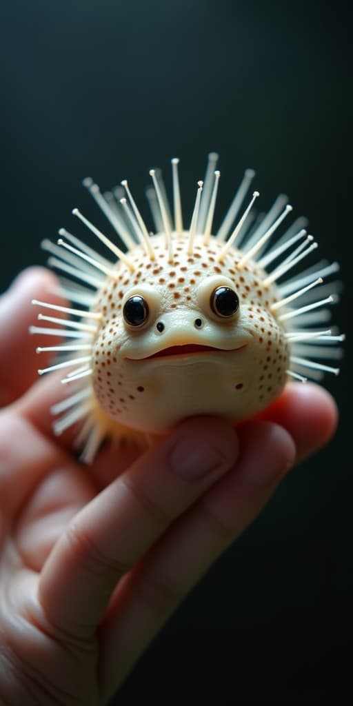  good quality, high quality, close up of a pufferfish in a human hand