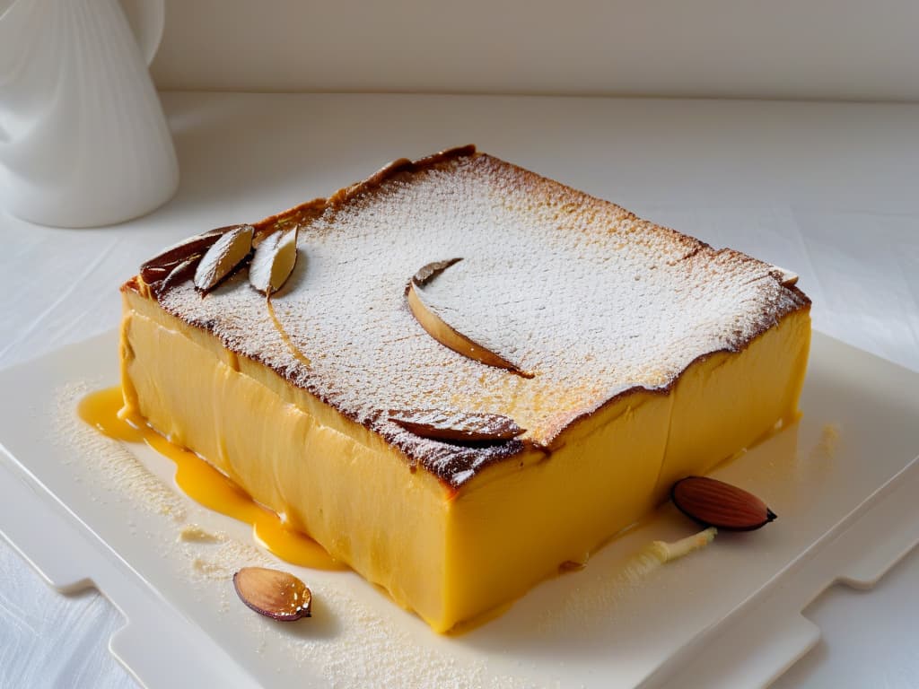  A closeup, ultradetailed image of a freshly baked Hareeseh dessert, showcasing the goldenbrown crust made of semolina and almonds, with intricate almond slices delicately arranged on top. The dessert is placed on a simple, elegant white plate, with a subtle dusting of powdered sugar adding a touch of sophistication. The texture of the dessert is so detailed that every grain of semolina and slice of almond is visible, making the viewer almost able to taste the sweet and nutty flavors just by looking at the image. hyperrealistic, full body, detailed clothing, highly detailed, cinematic lighting, stunningly beautiful, intricate, sharp focus, f/1. 8, 85mm, (centered image composition), (professionally color graded), ((bright soft diffused light)), volumetric fog, trending on instagram, trending on tumblr, HDR 4K, 8K