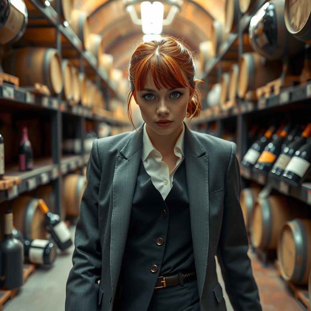  capture a stunningly detailed 8k photograph featuring a 30 nordic looking woman with red hair, dressed in chic, tailored outfits ranging from suits and blazers to designer jeans and trendy sneakers. her bright, detailed eyes and ultra detailed skin texture are highlighted in the controlled environment of an industrial style wine cellar with brick, metal, and concrete elements. the scene, lit by bright, soft, diffused lighting, exudes an eerie, horror movie like atmosphere, capturing her in a moment of absolute terror as she walks amongst artisan crafted decorations. this hyperrealistic, unedited image uses cinestill 800t film grain to enhance its cinematic aesthetic.