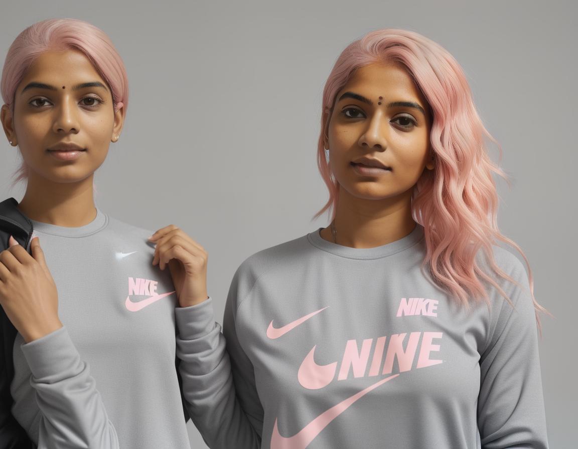  2 indian with light pink hair, wearing nike grey , shape is visible over 