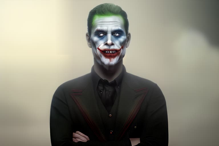 mdjrny-v4 style (joker clothes), perfect lighting, aesthetic, masterpiece, best quality, (photorealistic:1.4), professionally color graded, bright soft diffused light, stunningly beautiful, HDR 4K, 8K, ultra realistic, sharp focus, detailed perfection, rim lit beauty, action pose, cinematic scene, highly detailed, masterpiece, best quality, (photorealistic:1.4), volumetric fog, stunningly beautiful, detailed face, Beautiful face, high resolution, realistic eyes, highly realistic, 8k, makeup, (joker makeup), realistic face, realistic eyes, realistic nose
