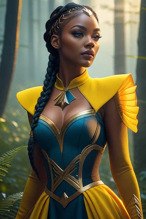  best quality, masterpiece, highres, photorealistic, high quality, volumetric lighting, candid, Photograph, high resolution, nightime, a black women with skin details, fiery braids hair, light Aureolin eyes, whymsical, fantasy, harmonious, determined, foggy old forest, dress like a super heros, beautiful with eyes liner realistic hyperrealistic, full body, detailed clothing, highly detailed, cinematic lighting, stunningly beautiful, intricate, sharp focus, f/1. 8, 85mm, (centered image composition), (professionally color graded), ((bright soft diffused light)), volumetric fog, trending on instagram, trending on tumblr, HDR 4K, 8K