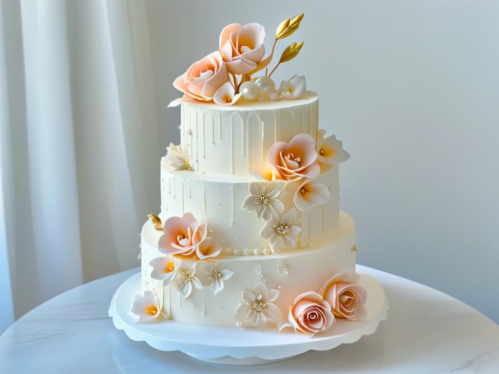  A threetiered wedding cake standing on a marble table, adorned with cascading sugar flowers in shades of blush pink, ivory, and gold. Each layer of the cake features intricate lacelike patterns and delicate edible pearls. Soft candlelight gently illuminates the cake, creating a romantic and elegant atmosphere. The background is blurred to highlight the exquisite details of the cake, making it the focal point of the image. hyperrealistic, full body, detailed clothing, highly detailed, cinematic lighting, stunningly beautiful, intricate, sharp focus, f/1. 8, 85mm, (centered image composition), (professionally color graded), ((bright soft diffused light)), volumetric fog, trending on instagram, trending on tumblr, HDR 4K, 8K