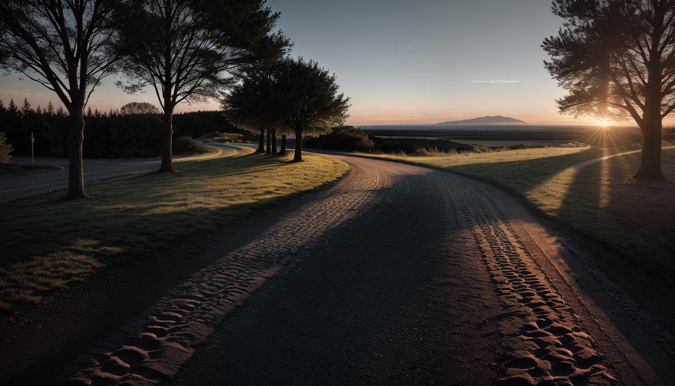  cinematic, aesthetic, Path with three diverging roads, each path detailed with different textures, faint footprints on each path, background of a setting sun, paths symbolizing choices, various motivations, 4k, HDR, lens flare