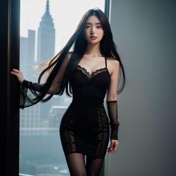  masterpiece, high quality, 4K, HDR BREAK A woman with long dark hair, wearing a black lace dress, standing with her legs spread in a wide stance, against a backdrop of a dimly lit, moody urban setting. hyperrealistic, full body, detailed clothing, highly detailed, cinematic lighting, stunningly beautiful, intricate, sharp focus, f/1. 8, 85mm, (centered image composition), (professionally color graded), ((bright soft diffused light)), volumetric fog, trending on instagram, trending on tumblr, HDR 4K, 8K