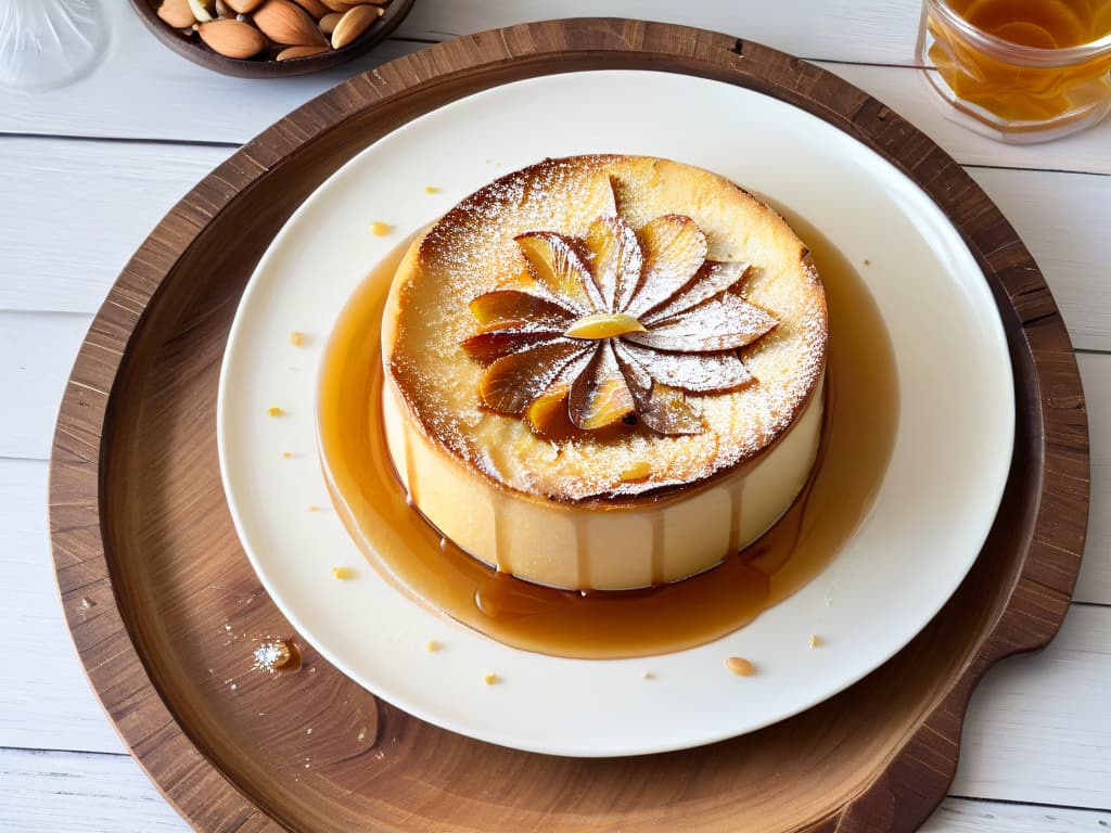  A closeup, ultradetailed image of a freshly baked basbousa sprinkled with sliced almonds and dripping with sweet syrup, placed on a delicate white porcelain plate on a rustic wooden table. The goldenbrown hue of the basbousa contrasts beautifully with the white plate, showcasing the texture of the dessert and the glistening syrup, evoking a sense of warmth and indulgence. hyperrealistic, full body, detailed clothing, highly detailed, cinematic lighting, stunningly beautiful, intricate, sharp focus, f/1. 8, 85mm, (centered image composition), (professionally color graded), ((bright soft diffused light)), volumetric fog, trending on instagram, trending on tumblr, HDR 4K, 8K