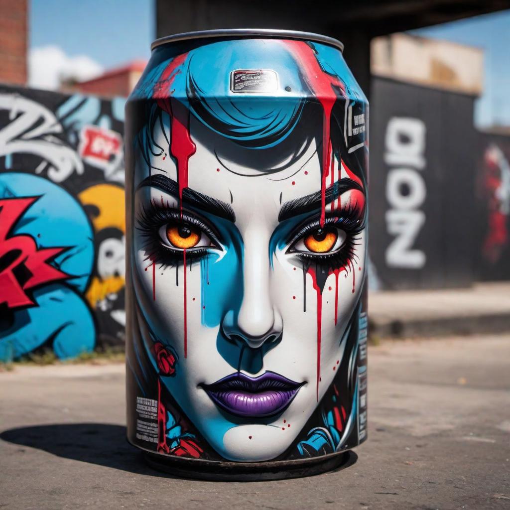  cartoon graffiti style spray paint can with a human face, large, oversized eyes, and thick bold black outline in a comic book style hyperrealistic, full body, detailed clothing, highly detailed, cinematic lighting, stunningly beautiful, intricate, sharp focus, f/1. 8, 85mm, (centered image composition), (professionally color graded), ((bright soft diffused light)), volumetric fog, trending on instagram, trending on tumblr, HDR 4K, 8K