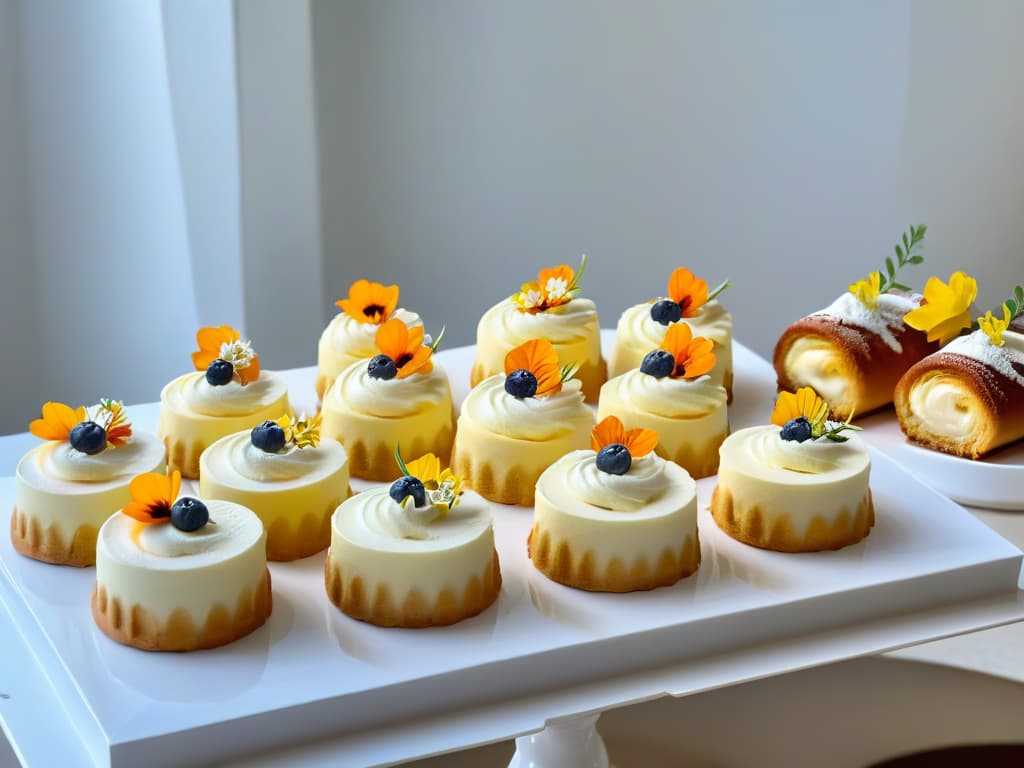  A pristine white marble countertop displaying an array of elegantly crafted pastries made using birch sugar, with delicate frosting swirls and edible flower garnishes, all arranged meticulously on modern, sleek serving platters. The soft natural light from a nearby window casts a gentle glow on the desserts, accentuating their exquisite details and inviting the viewer to savor the artistry of modern pastrymaking with birch sugar. hyperrealistic, full body, detailed clothing, highly detailed, cinematic lighting, stunningly beautiful, intricate, sharp focus, f/1. 8, 85mm, (centered image composition), (professionally color graded), ((bright soft diffused light)), volumetric fog, trending on instagram, trending on tumblr, HDR 4K, 8K