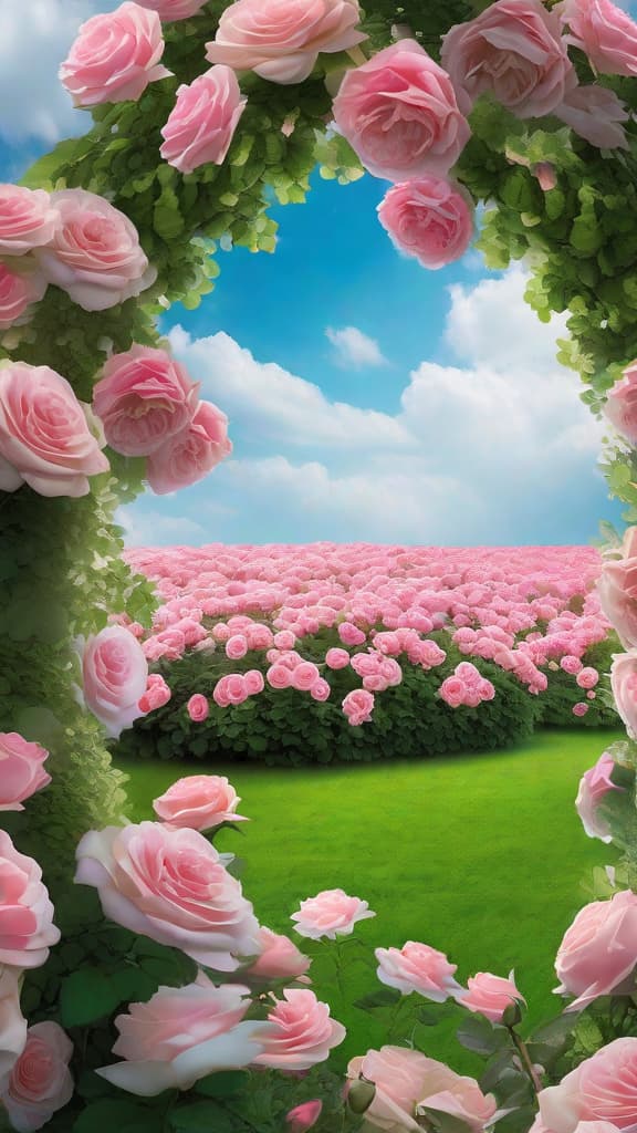  ) green lawn, blue sky, white clouds, pink petals in the sky, beautiful and delicate picture, masterpiece, best quality,) green leaves and pink roses, very sparse, green lawn, blue sky and white clouds, pink petals in the sky, beautiful and delicate picture, masterpiece, best quality,) roses scattered all around