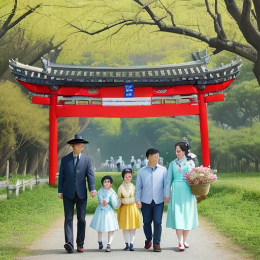  Want a picture of a family of five on a outing on Qingming Festival,