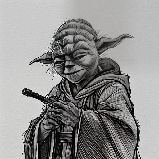  Yoda, the Jedi master from Star Wars, smokes a hookah on a white background., Sketch, Manga Sketch, Pencil drawing, Black and White, Manga, Manga style, Low detail, Line art, vector art, Monochromatic, by katsuhiro otomo and masamune shirow and studio ghilibi and yukito kishiro hyperrealistic, full body, detailed clothing, highly detailed, cinematic lighting, stunningly beautiful, intricate, sharp focus, f/1. 8, 85mm, (centered image composition), (professionally color graded), ((bright soft diffused light)), volumetric fog, trending on instagram, trending on tumblr, HDR 4K, 8K