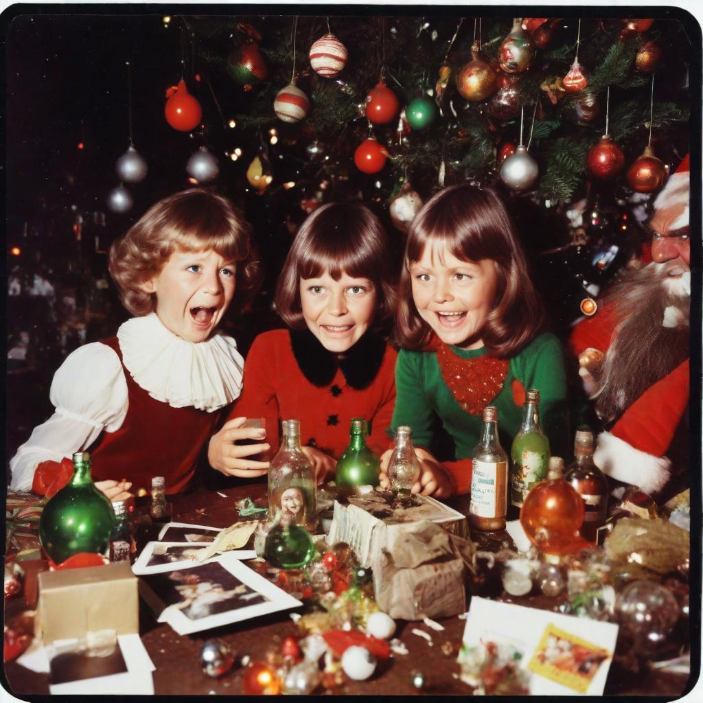  1979 instant Polaroid camera photo of boy & girl crying sat on, empty bottles and garbage heaps everywhere, tree, baubles, lights, cards, goblin, brownie, bells, rotten food,drunk, dirty costume, Santa Claus, grotto,a greeny-brown goblin stands on a table, sinister toys,sprite hides in corner, rotting cake --s2 hyperrealistic, full body, detailed clothing, highly detailed, cinematic lighting, stunningly beautiful, intricate, sharp focus, f/1. 8, 85mm, (centered image composition), (professionally color graded), ((bright soft diffused light)), volumetric fog, trending on instagram, trending on tumblr, HDR 4K, 8K