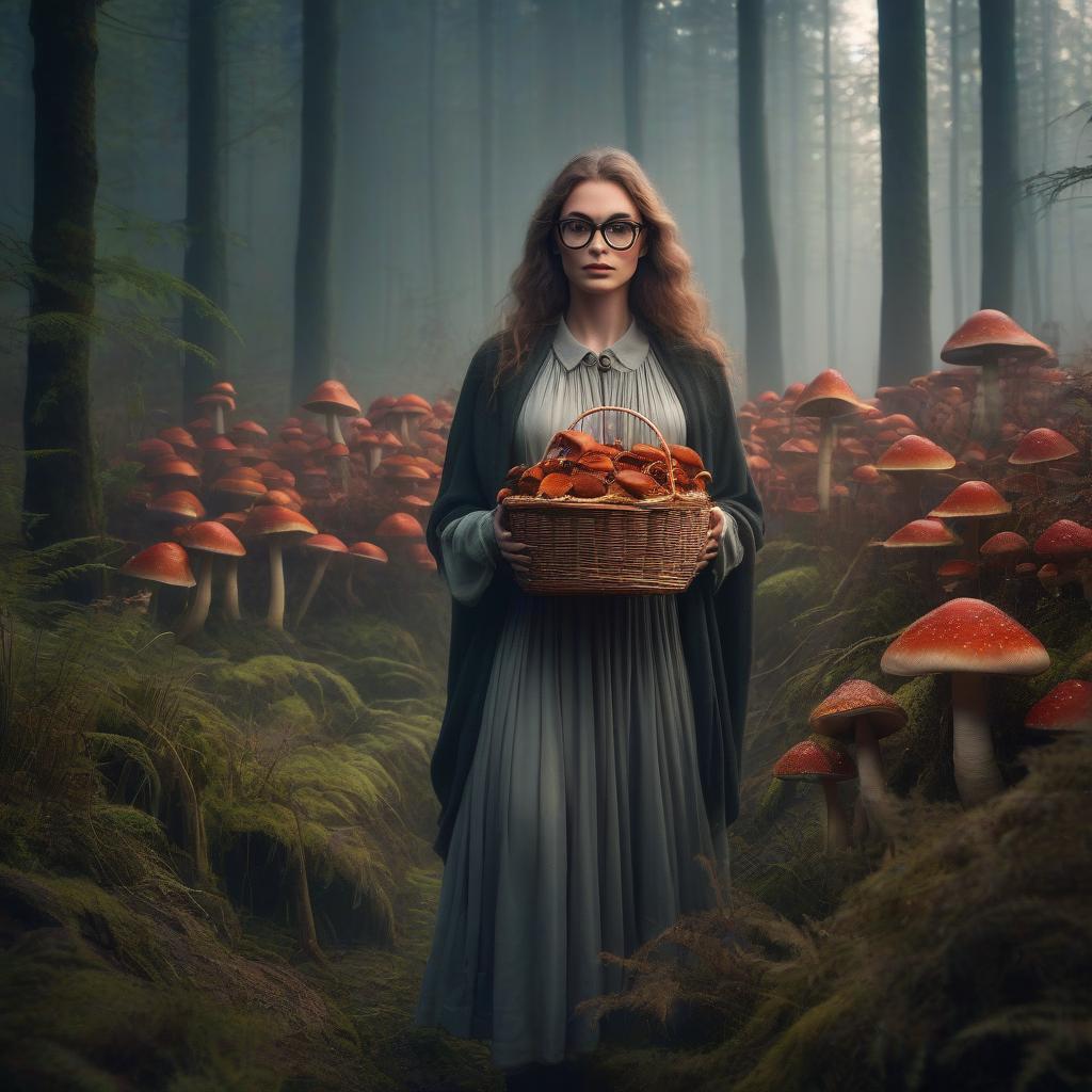  A girl in glasses holds a basket woven from reeds, from which forest mushrooms grow. Hazy, mystical forest lighting. Fog, red wolf eyes on the Zandem planet. [Изолировано из сообщения:] Девушка в очках держит в руках плетеную корзинку, из которой растут лесные грибы. Свечение, туманный, таинственный лес. туман, красные глаза волков на зандем плане. (Girl in glasses holds a basket woven from reeds, from which forest mushrooms grow. Hazy, mystical forest lighting. Fog, red wolf eyes on the Zandem planet.) hyperrealistic, full body, detailed clothing, highly detailed, cinematic lighting, stunningly beautiful, intricate, sharp focus, f/1. 8, 85mm, (centered image composition), (professionally color graded), ((bright soft diffused light)), volumetric fog, trending on instagram, trending on tumblr, HDR 4K, 8K