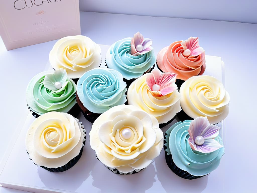  An image of a pristine white, marble countertop adorned with an array of meticulously decorated cupcakes, each unique in design and color. The cupcakes are topped with delicate swirls of pastel buttercream, shimmering edible pearls, and intricate sugar flowers, creating a visually stunning display that exudes elegance and sophistication. The soft, natural light gently illuminates the scene, casting subtle shadows and highlighting the exquisite details of the edible works of art. hyperrealistic, full body, detailed clothing, highly detailed, cinematic lighting, stunningly beautiful, intricate, sharp focus, f/1. 8, 85mm, (centered image composition), (professionally color graded), ((bright soft diffused light)), volumetric fog, trending on instagram, trending on tumblr, HDR 4K, 8K