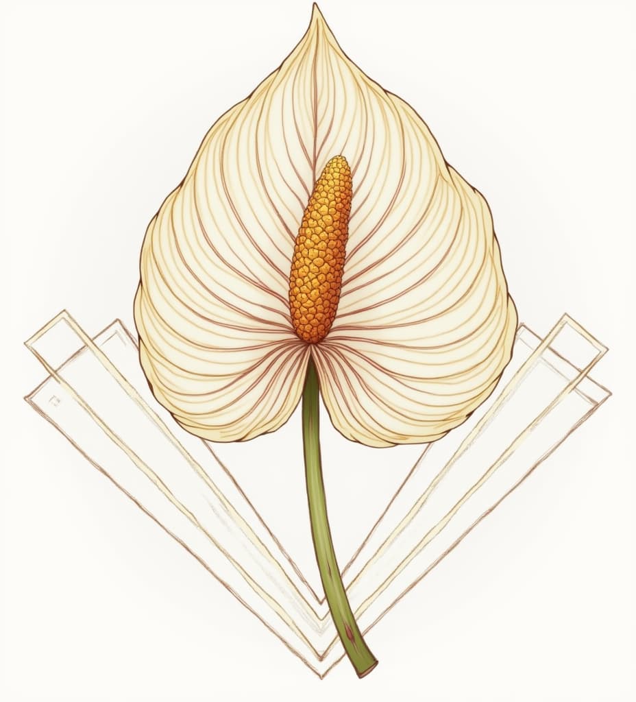  good quality, high quality, a large anthurium flower, depicted in soft, continuous lines, complemented by sharp, angular shapes like triangles and parallelograms positioned around the edges of the design