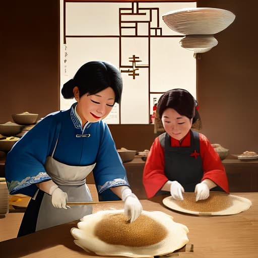  2/3 Women sifting flour at table to make Chinese pastry wearing Song Dynasty shorts,