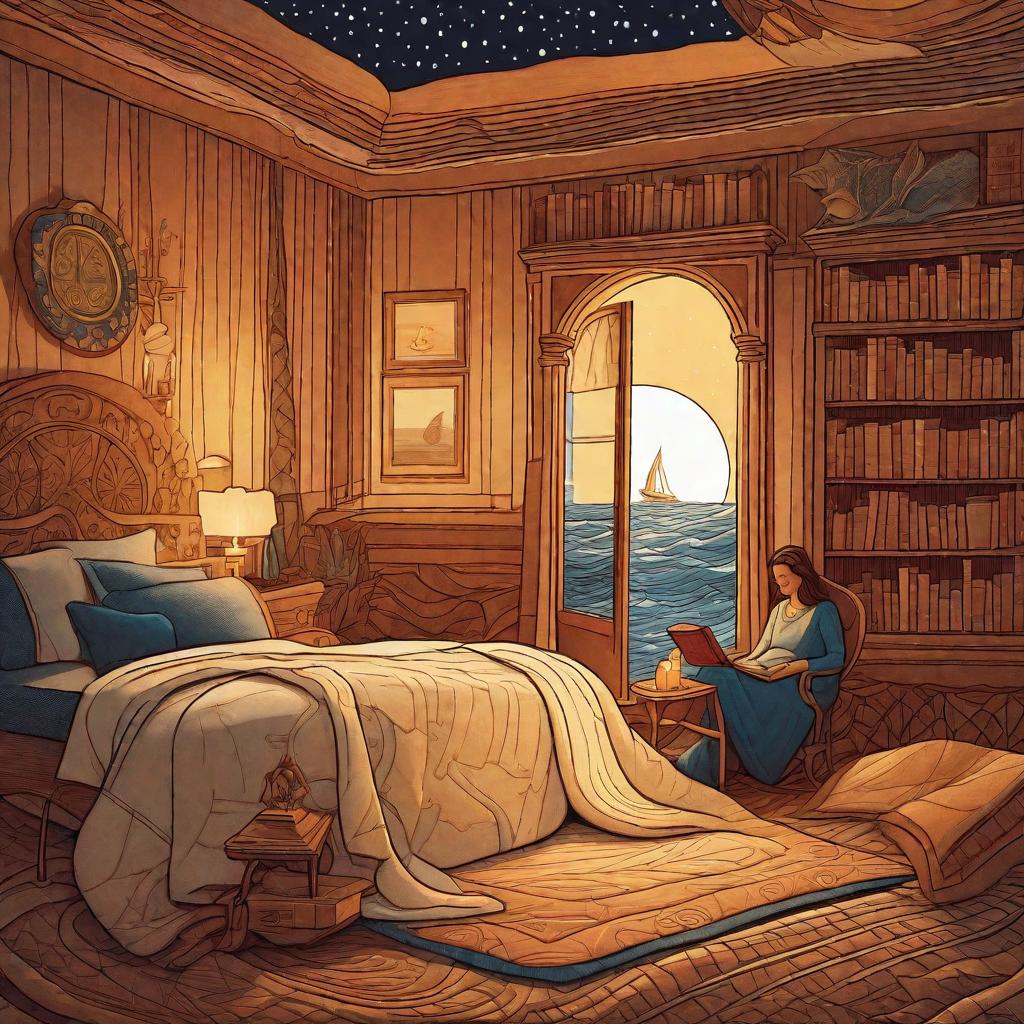  "A whimsical scene of a comfortable room at night, ed in soft, warm light. A mother and a are lying under a cozy blanket that seems to morph into a majestic ship, sailing on a sea made of sheets. The quilted waves give way to a magical island that springs forth from the pages of an open book the mother is holding. The 's eyes are wide with anticipation, a twinkle in them reflects the illuminated stars of the colorful night sky. On the storybook island, there are a variety of friendly, exotic animals that seem to welcome any visitors. To one side of the island, there's a dazzling stone, it's radiance is equivalent to the stars in the sky. The mother and , holding hands, look at each other with joyous eyes, as if p hyperrealistic, full body, detailed clothing, highly detailed, cinematic lighting, stunningly beautiful, intricate, sharp focus, f/1. 8, 85mm, (centered image composition), (professionally color graded), ((bright soft diffused light)), volumetric fog, trending on instagram, trending on tumblr, HDR 4K, 8K