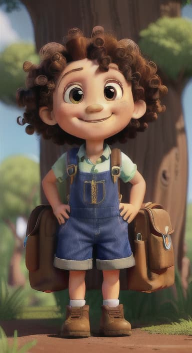  {The tree with a smiling face formed by its bark, looking down at Riley., Riley, a curious with big brown eyes and curly hair, wearing overalls and carrying a small backpack. Their friend, Skye, a bluebird with shiny feathers.