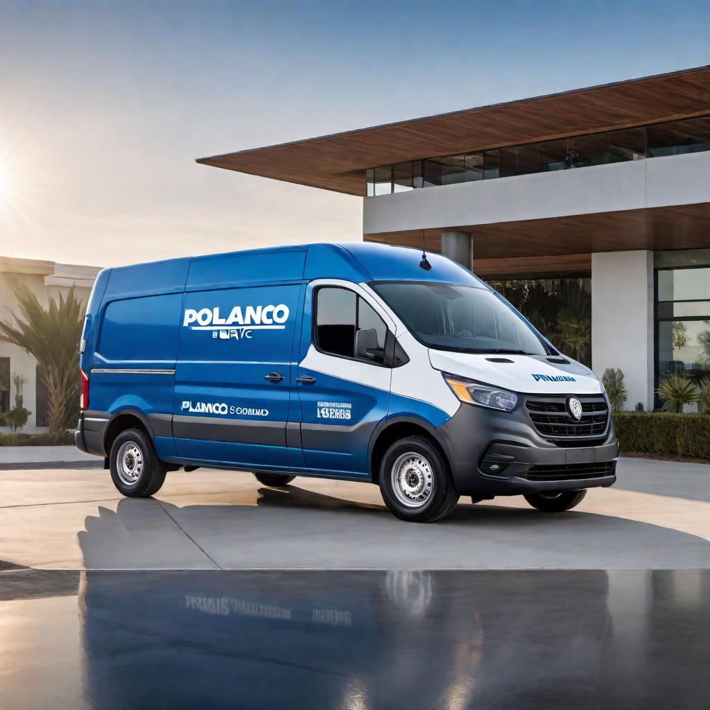  Create an image of a white cargo van with dodger blue lettering displaying the name 'Polanco Ground Service' or 'Rick Polancos Ground Service'. The design should be clean and professional, emphasizing the company name on the side of the van. hyperrealistic, full body, detailed clothing, highly detailed, cinematic lighting, stunningly beautiful, intricate, sharp focus, f/1. 8, 85mm, (centered image composition), (professionally color graded), ((bright soft diffused light)), volumetric fog, trending on instagram, trending on tumblr, HDR 4K, 8K