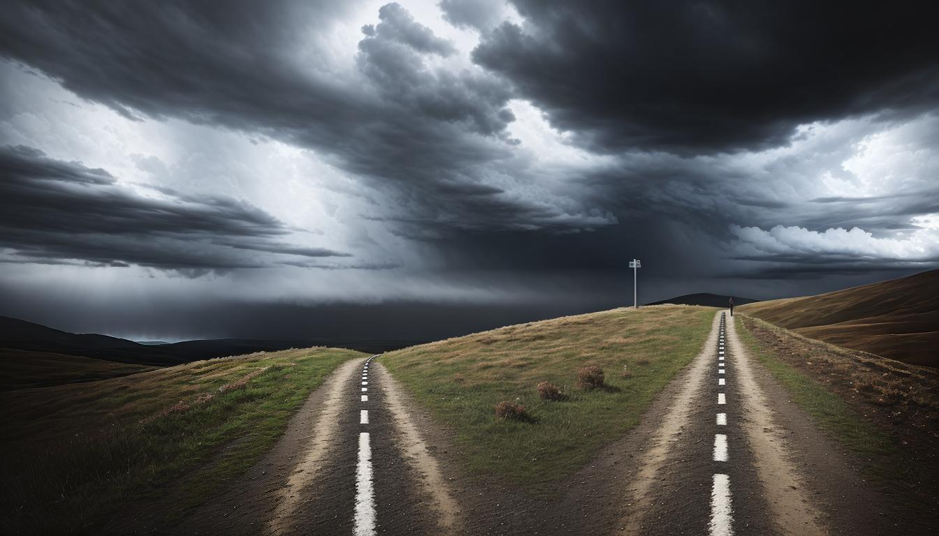  digital illustration, A fork in the road signpost, one path wide and paved but with storm clouds above, the other narrow and winding with clear skies, a figure tentatively stepping on the narrow path, choice, apprehension, hope, looking at viewer, dynamic pose, (intricate details, masterpiece, best quality)