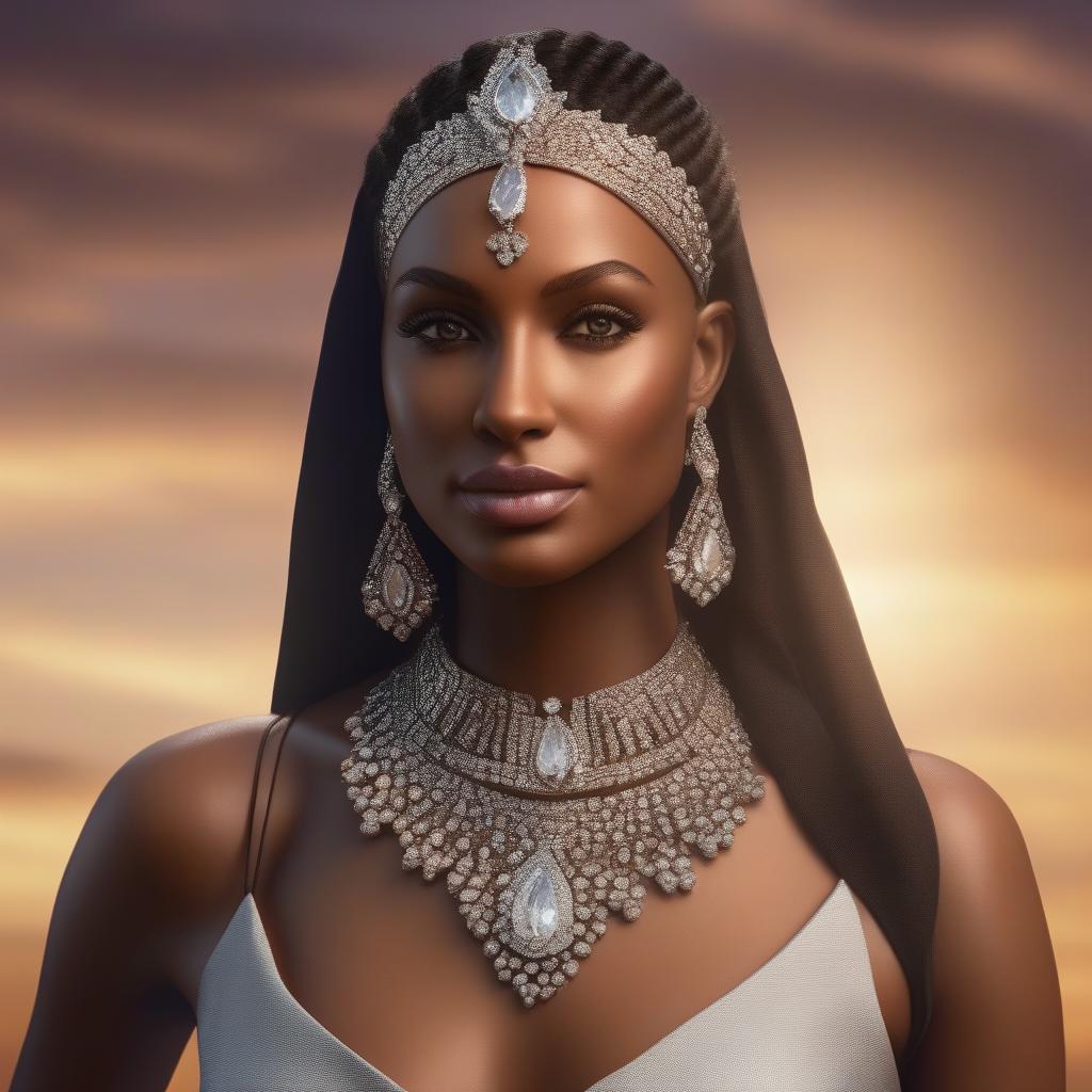  insane details,dci4k photorealistic lifelike,Nubian female supermodel character wearing designer fashion and a large platinum diamond encrusted necklace., ((masterpiece)), best quality, very detailed, high resolution, sharp, sharp image, extremely detailed, 4k, 8k