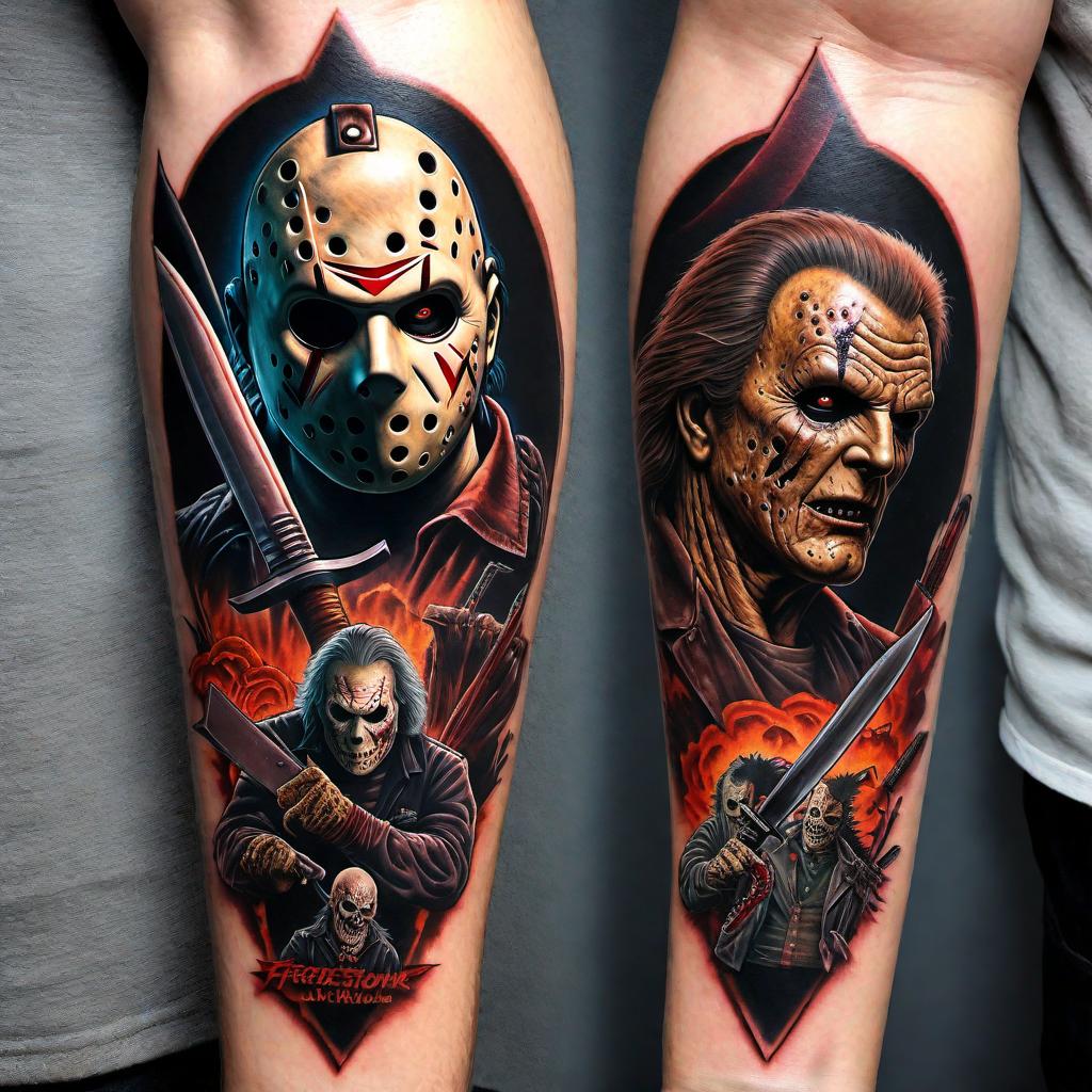  A tattoo design featuring the faces of iconic horror movie villains Jason Voorhees, Freddy Krueger, Chucky, Leatherface, and Michael Myers, with their respective weapons of choice behind them, such as knives, machetes, a hammer, and a chainsaw, in a montage style suitable for a forearm tattoo. hyperrealistic, full body, detailed clothing, highly detailed, cinematic lighting, stunningly beautiful, intricate, sharp focus, f/1. 8, 85mm, (centered image composition), (professionally color graded), ((bright soft diffused light)), volumetric fog, trending on instagram, trending on tumblr, HDR 4K, 8K