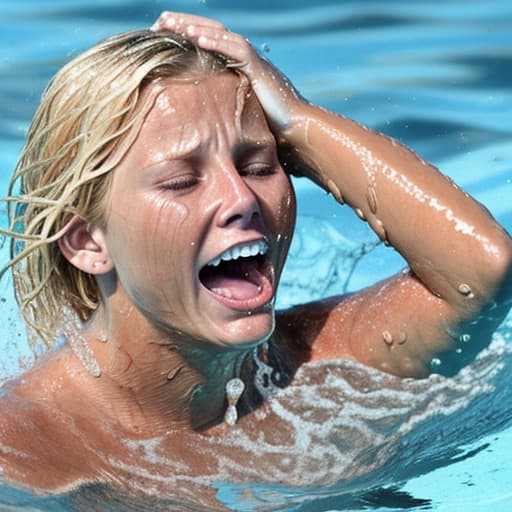  tanned blonde woman drowning and in water her face is above water she's screaming and panic