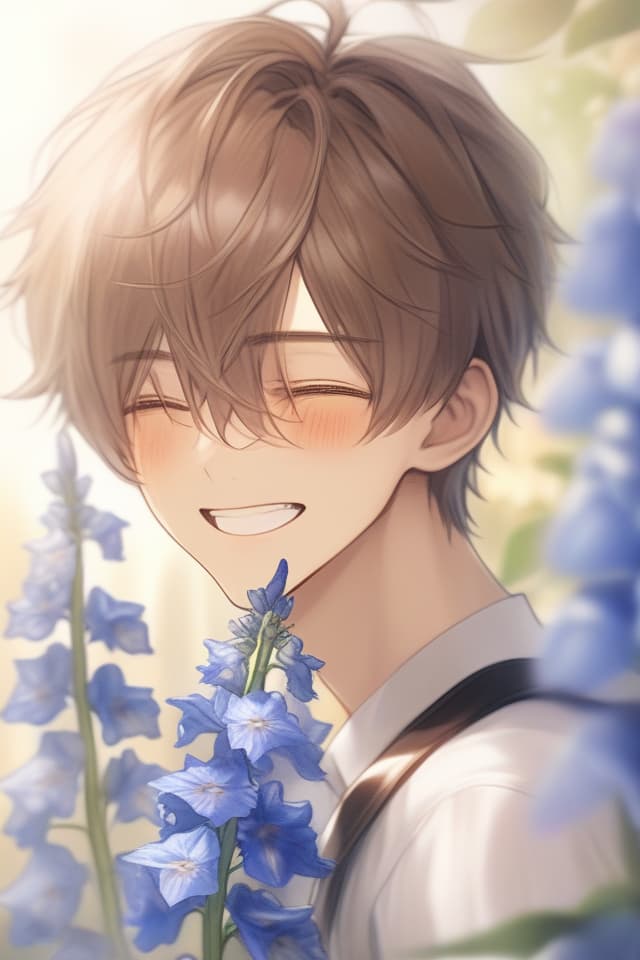  Masterpiece,one boy,delicate brown hair color,short hair,archaic smile,eyes closed,delicate face,larynx,(((delphinium flower))),fresh,high quality,8K