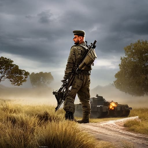  war hyperrealistic, full body, detailed clothing, highly detailed, cinematic lighting, stunningly beautiful, intricate, sharp focus, f/1. 8, 85mm, (centered image composition), (professionally color graded), ((bright soft diffused light)), volumetric fog, trending on instagram, trending on tumblr, HDR 4K, 8K