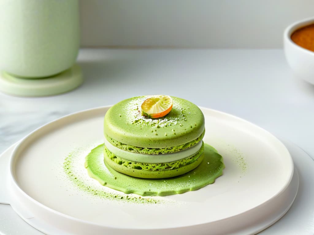  An ultrahigh resolution, minimalist image of a delicate matcha green tea macaron resting on a pristine white porcelain plate, showcasing the intricate layers of the dessert, with a subtle dusting of vibrant green matcha powder on top. The soft, natural lighting highlights the smooth surface of the macaron, emphasizing its perfect circular shape and inviting texture. The background is a simple, clean surface that enhances the elegance and sophistication of the matcha dessert, making it the focal point of the image. hyperrealistic, full body, detailed clothing, highly detailed, cinematic lighting, stunningly beautiful, intricate, sharp focus, f/1. 8, 85mm, (centered image composition), (professionally color graded), ((bright soft diffused light)), volumetric fog, trending on instagram, trending on tumblr, HDR 4K, 8K