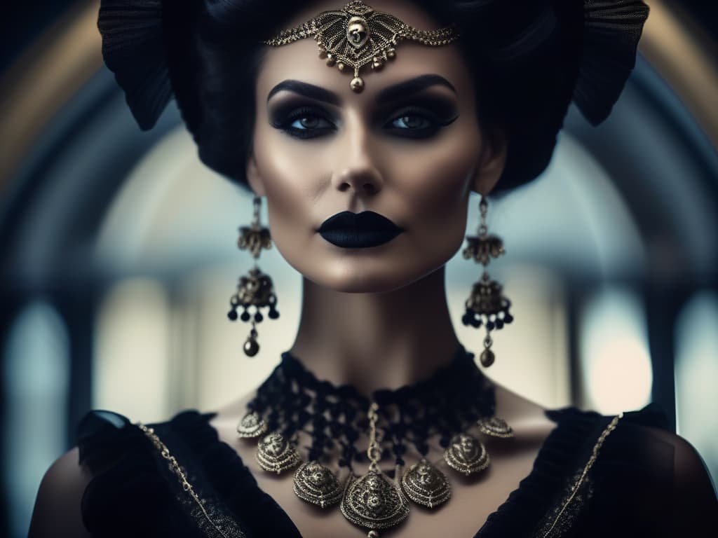  cinematic film still Goddess of Death, beautiful face, black dress, frills, high detail, skull necklace . shallow depth of field, vignette, highly detailed, high budget, bokeh, cinemascope, moody, epic, gorgeous, film grain, grainy