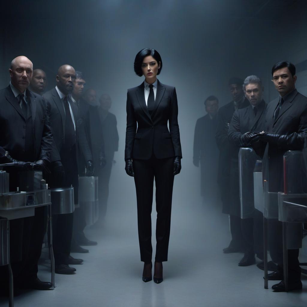  A woman in a black business suit with leather gloves on her hands. She has short black hair. There are scars on her face. She is in a dark morgue and tries to light a cigarette over the body of the deceased. hyperrealistic, full body, detailed clothing, highly detailed, cinematic lighting, stunningly beautiful, intricate, sharp focus, f/1. 8, 85mm, (centered image composition), (professionally color graded), ((bright soft diffused light)), volumetric fog, trending on instagram, trending on tumblr, HDR 4K, 8K