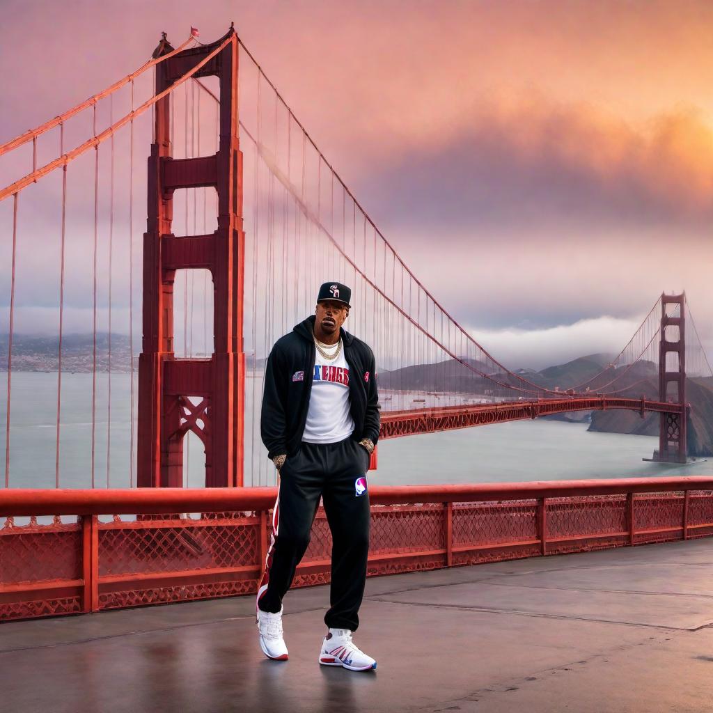  Draw Allen Iverson moonwalking in front of the Golden Gate Bridge. The image should capture the moment with Allen Iverson wearing his iconic Philadelphia 76ers basketball attire. Iverson should be in the middle of a moonwalk pose, with one hand behind his back and the other out front for balance. His expression should be focused yet playful, embodying his legendary confidence. In the background, the Golden Gate Bridge should be seen stretching across the horizon during sunset with warm colors reflecting off the water below. hyperrealistic, full body, detailed clothing, highly detailed, cinematic lighting, stunningly beautiful, intricate, sharp focus, f/1. 8, 85mm, (centered image composition), (professionally color graded), ((bright soft diffused light)), volumetric fog, trending on instagram, trending on tumblr, HDR 4K, 8K