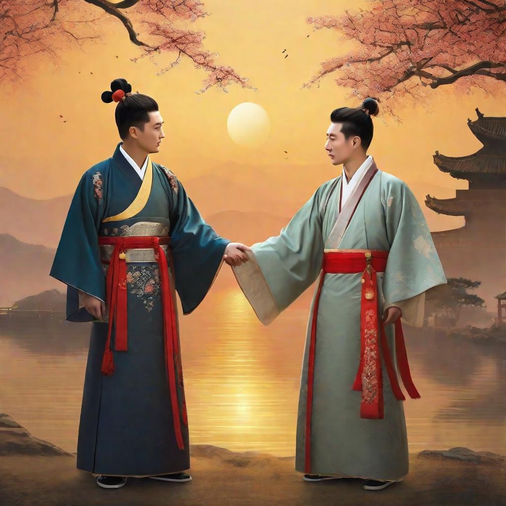  masterpiece, best quality,Help me draw a picture of two men in ancient Chinese costume holding hands in the sunset