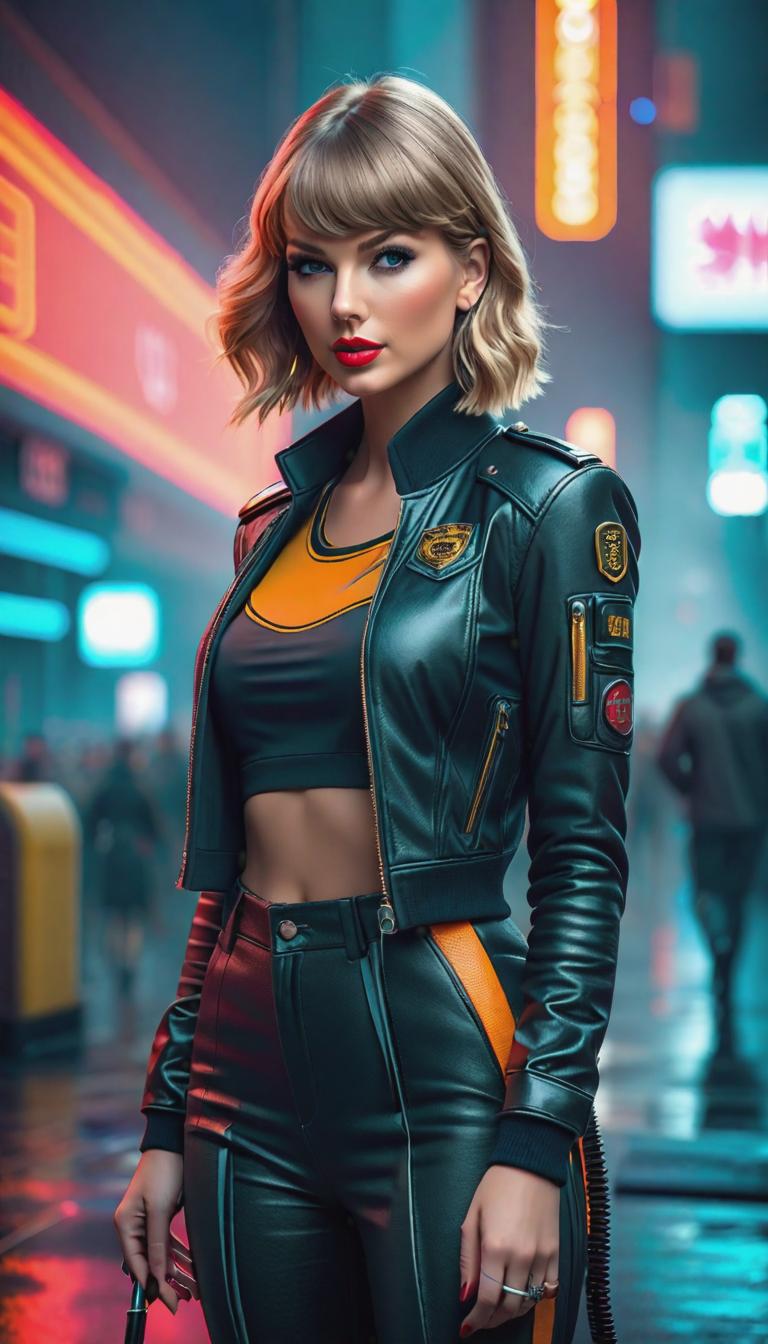  Cyberpunk style depiction of Taylor Swift as a sports reporter . The scene is set in a world where technology has advanced, but society and human conditions have not, creating a gritty, dystopian atmosphere. hyperrealistic, full body, detailed clothing, highly detailed, cinematic lighting, stunningly beautiful, intricate, sharp focus, f/1. 8, 85mm, (centered image composition), (professionally color graded), ((bright soft diffused light)), volumetric fog, trending on instagram, trending on tumblr, HDR 4K, 8K