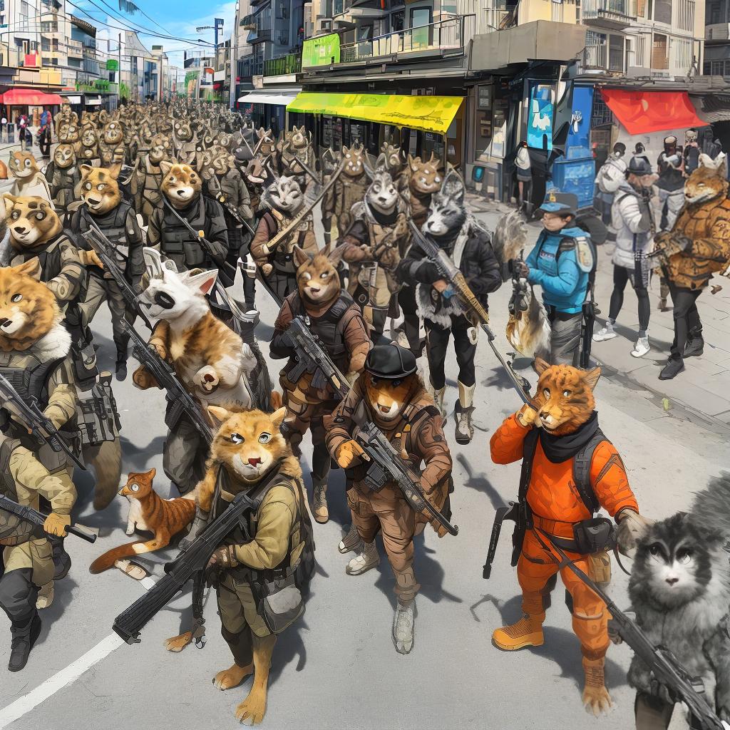  Animal anthropomorphic with back to gang holding weapons in street in modern city