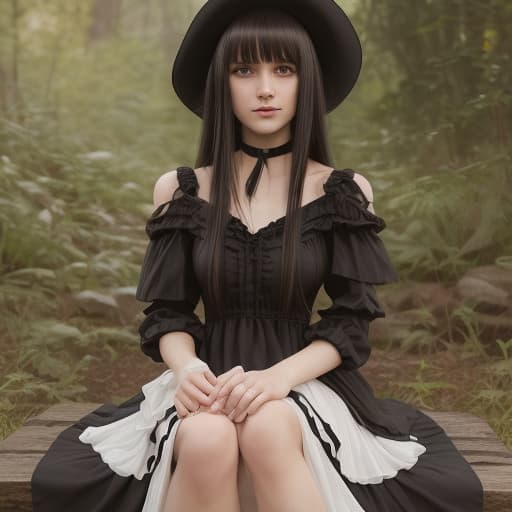  best quality, masterpiece, photorealistic, 1girl, solo, cowboy shot, sitting, long black straight hair, blunt bangs, looking at viewer, smile, lo dress, long dress, layered dress, choker, bow, long sleeves