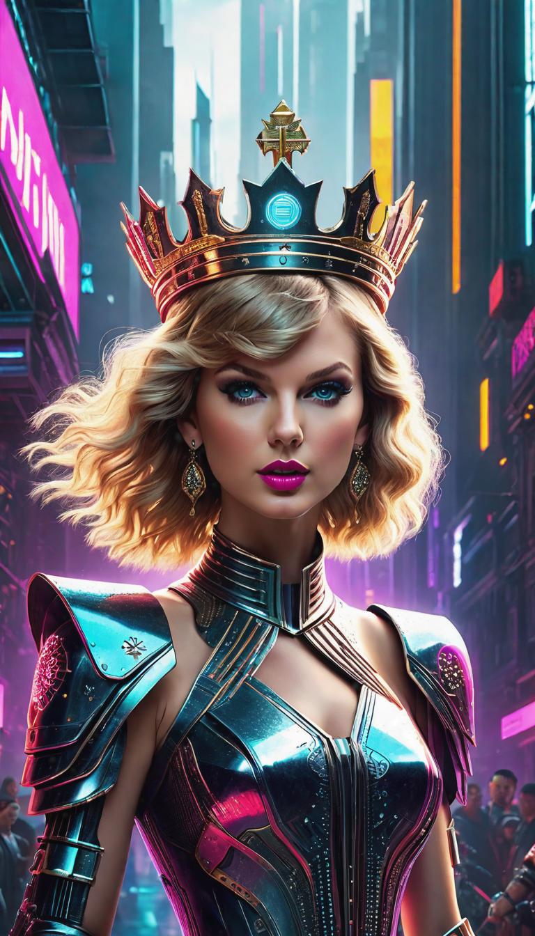  Cyberpunk style depiction of Taylor Swift as a queen. The scene is set in a world where technology has advanced, but society and human conditions have not, creating a gritty, dystopian atmosphere. hyperrealistic, full body, detailed clothing, highly detailed, cinematic lighting, stunningly beautiful, intricate, sharp focus, f/1. 8, 85mm, (centered image composition), (professionally color graded), ((bright soft diffused light)), volumetric fog, trending on instagram, trending on tumblr, HDR 4K, 8K