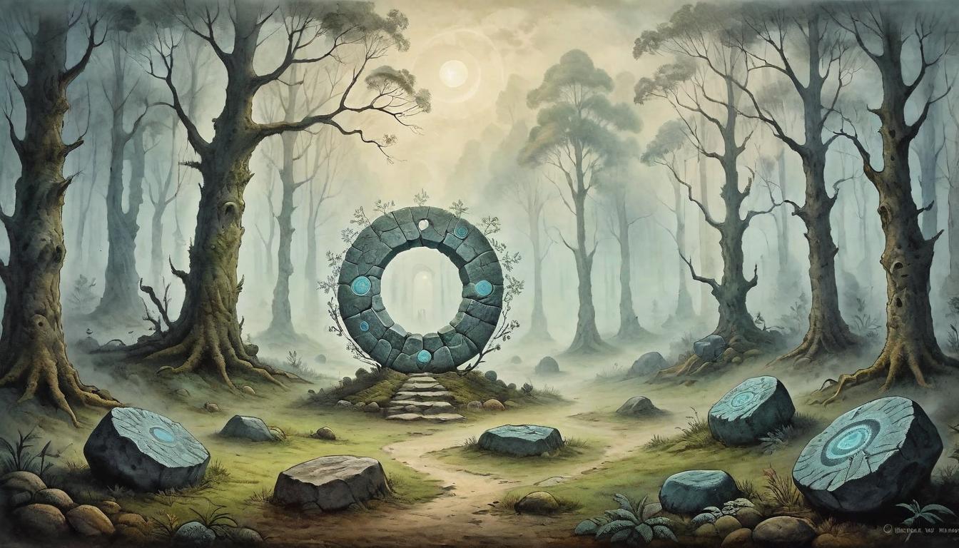  on parchment, surrealism+++, A circle of stones in a misty forest, ancient and untouched, center of communal gatherings, deep roots, shared strength, mystical unity(mysterious, provocative, symbolic,muted color)+++