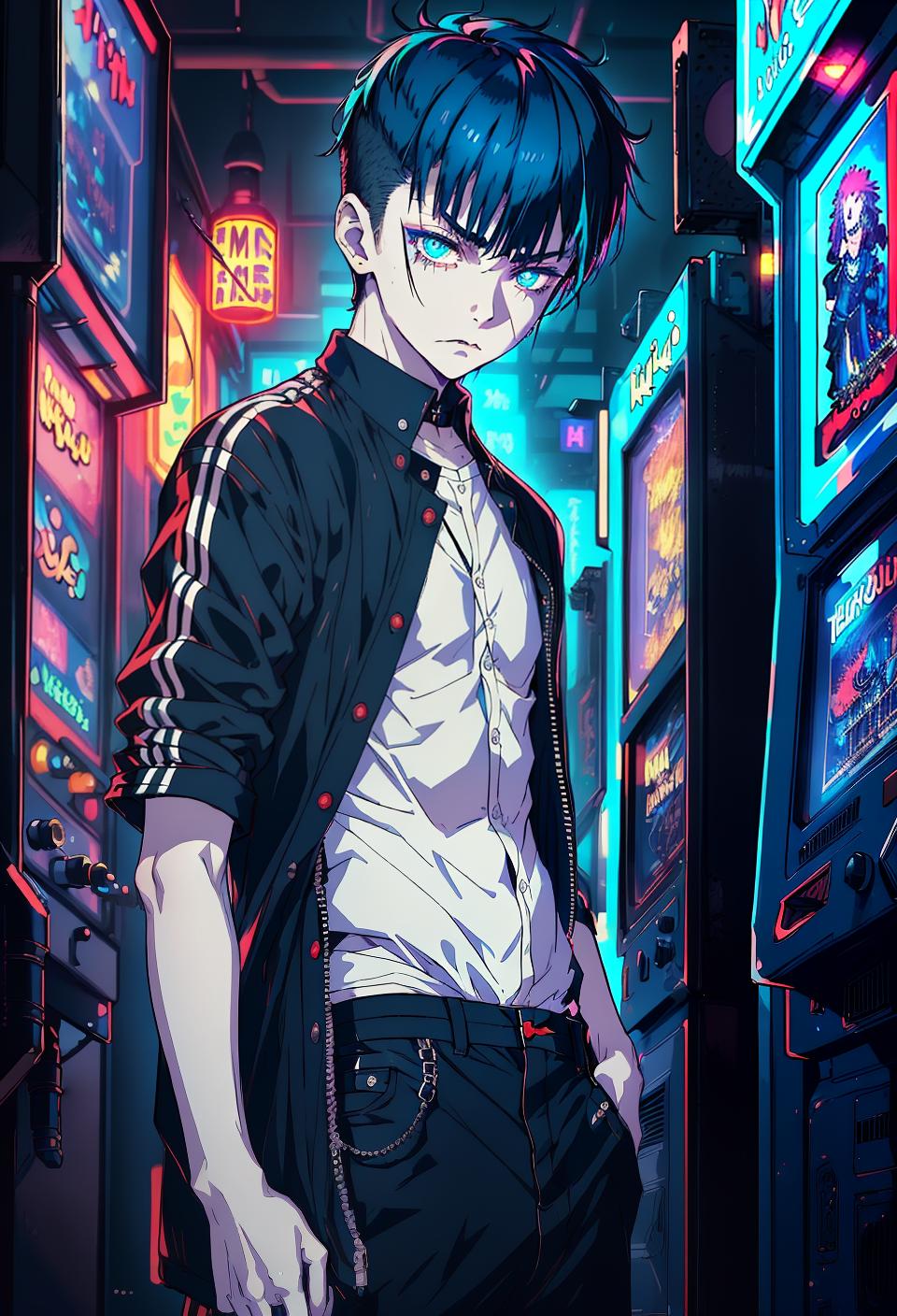  ((trending, highres, masterpiece, cinematic shot)), 1boy, young, male goth clothing, arcade scene, medium-length spiked dark blue hair, blunt bangs, large aqua eyes, neurotic personality, sad expression, very pale skin, epic, observant