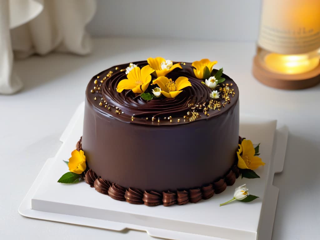  A closeup, ultradetailed image of a decadent, glossy chocolate cake decorated with intricate swirls of dark chocolate ganache, shimmering gold leaf accents, and delicate edible flowers on a sleek, minimalist white plate. The cake is perfectly lit to highlight its rich, velvety texture and exquisite details, creating a visual feast that embodies the essence of luxurious chocolate pastry artistry. hyperrealistic, full body, detailed clothing, highly detailed, cinematic lighting, stunningly beautiful, intricate, sharp focus, f/1. 8, 85mm, (centered image composition), (professionally color graded), ((bright soft diffused light)), volumetric fog, trending on instagram, trending on tumblr, HDR 4K, 8K